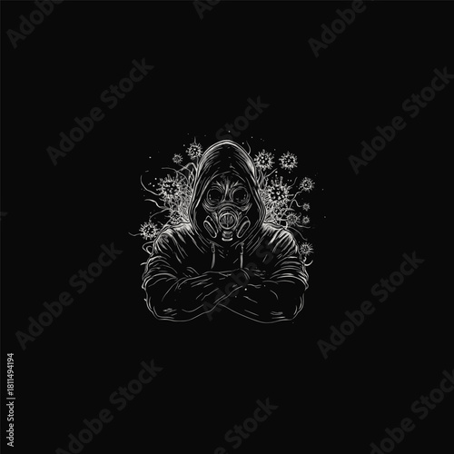 vector illustration of a figure wearing a gas mask surrounded by virus or bacteria particles