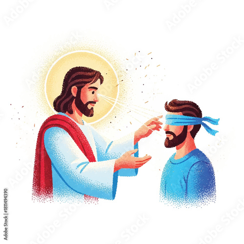 Illustration depicting Jesus Christ healing a blindfolded man, offering sight.