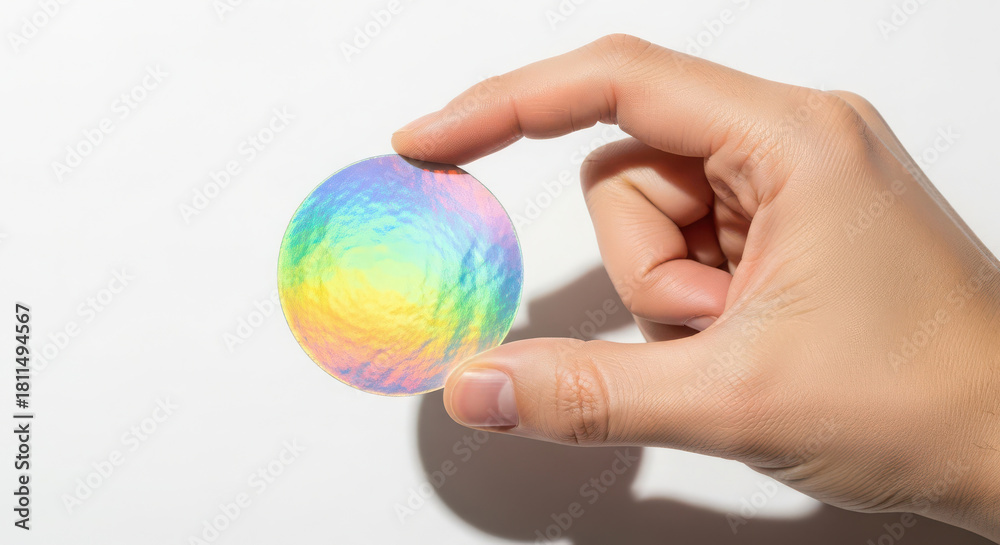 Fototapeta premium Hand holding shiny iridescent disc with rainbow light reflection on white background.