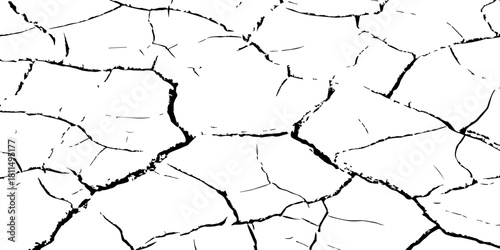 “High-contrast cracked earth texture in black and white, showcasing dry soil patterns and natural fractures. Perfect for backgrounds, overlays, abstract designs, environmental themes, and graphic art.