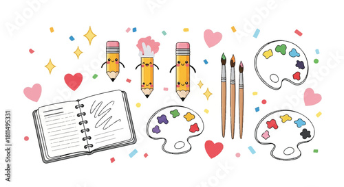 Adorable cartoon illustration featuring pencils, paintbrushes, palettes, hearts, notebook, and confetti.