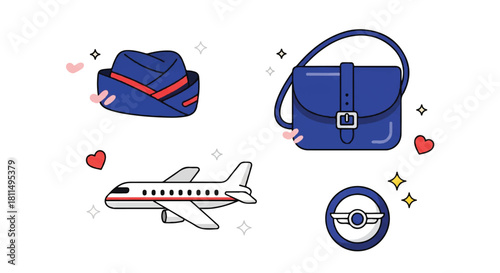 Vector illustration featuring an airplane, hat, handbag, and a steering wheel, all in a blue color scheme.