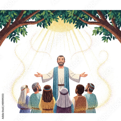 A religious illustration depicting a man with open arms, surrounded by followers, under sunlight.