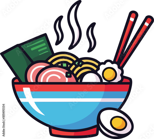 Steaming Bowl of Ramen Noodles with Sliced Pork and Egg served with Chopsticks and Seaweed