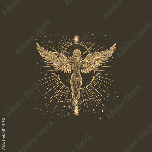 Mystical celestial winged spirit or angel illustration with glowing roots and sparkling particles in a vintage engraving style