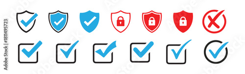 Security Checkmark Shield and Checkbox Icons Set Protection and Approval Symbols