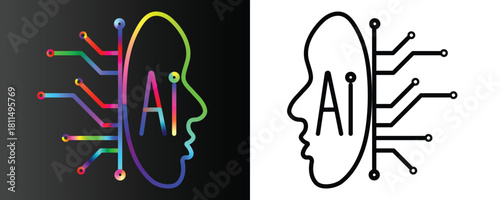 Vibrant AI Head Concept with Colorful Circuit Board Connections for Modern Technology, Artificial Intelligence, Machine Learning and Innovation.