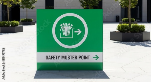Green Safety Muster Point Sign Directing People to Designated Assembly Locations