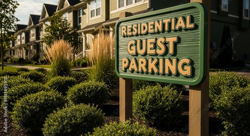 Obraz premium Guest Parking Sign at Residential Neighborhood Entrance During a Sunny Day