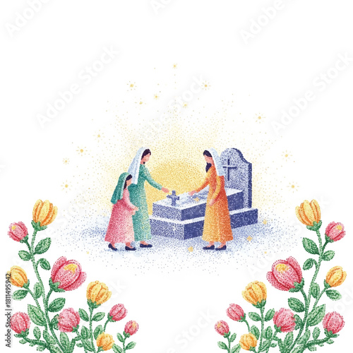 Illustration depicting women and child at a grave, placing flowers and paying respects.