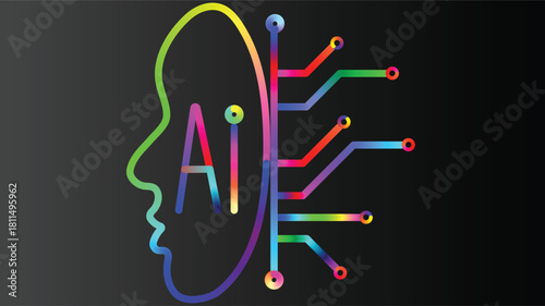 Vibrant AI Head Concept with Colorful Circuit Board Connections for Modern Technology, Artificial Intelligence, Machine Learning and Innovation.