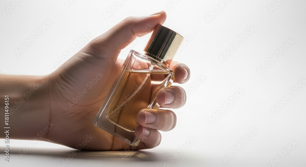Naklejka premium Hand holding elegant glass perfume bottle with golden cap ready to spray