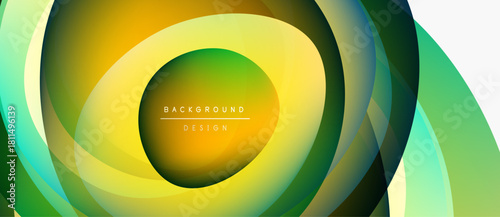 Abstract design features layered, circular shapes. Colors transition from yellow to green, creating dynamic visual effect. Modern, minimalist style.