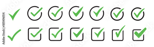 Checkmark icon set. Green check marks inside squares and circles for web and mobile design