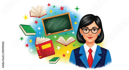 Portrait of a smiling teacher surrounded by books and a chalkboard, representing education.
