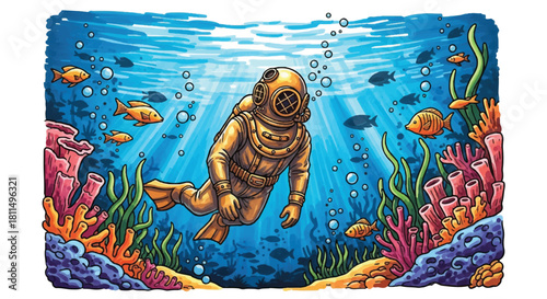 A colorful illustration of a diver exploring a vibrant coral reef, surrounded by fish.