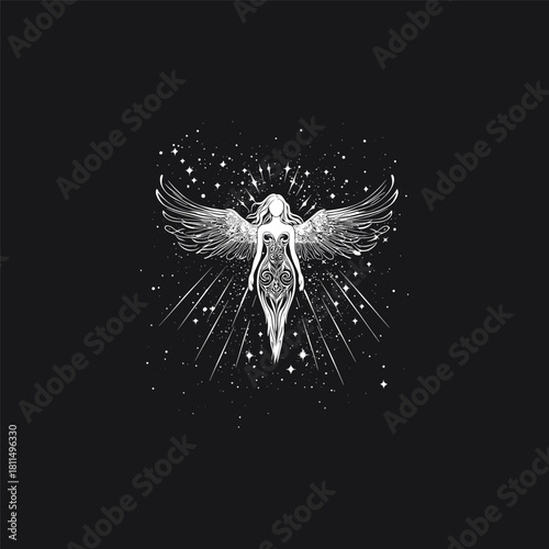 Mystical celestial winged spirit or angel illustration with glowing roots and sparkling particles in a vintage engraving style