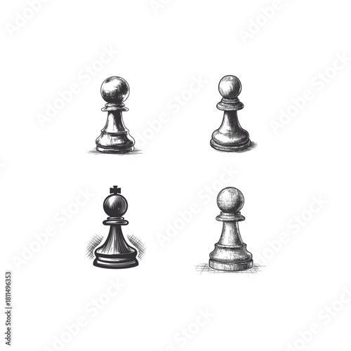 Set of four hand-drawn chess pieces in a detailed vintage sketch style, featuring pawns and one king piece