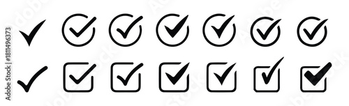Checkmark icon set. Black check marks inside squares and circles for web and mobile design