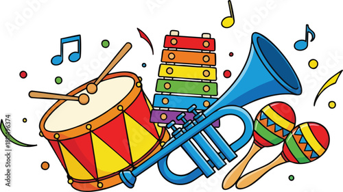 Colorful Musical Instruments Drum Xylophone Trumpet Maracas with Musical Notes and Confetti Isolated on White Background