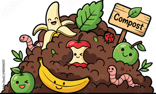 Cute Compost Pile with Banana Apple Core Worms and Ladybug on White Background