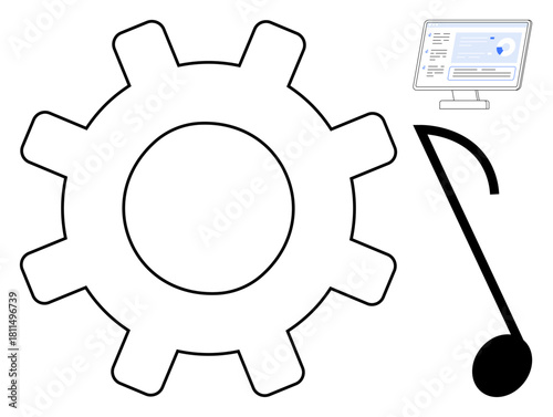 Gear symbol with abstract musical note and computer screen interface. Ideal for automation, innovation, creative process, technology, workflow, music production, and digital tools. Simple flat