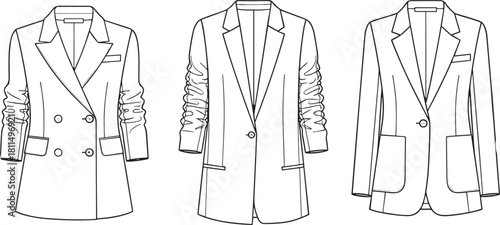 Women's modern blazer collection technical drawing set: Double-breasted, single-button, and patch pocket designs with ruched sleeves for fashion design, apparel illustration, and vector stock.