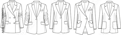 Women's long blazer vector technical sketch pack: Five different modern styles breasted, various single-button closures, and unique pocket details for professional fashion illustration.