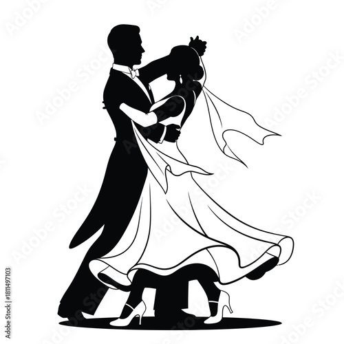 Elegant ballroom dance silhouette of a man in tuxedo and a woman in formal dress dancing gracefully. Vector, illustration