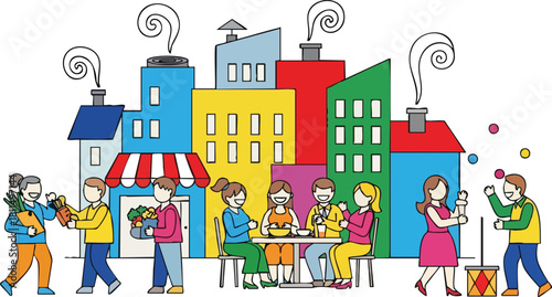 Diverse Group Of People Enjoying A Vibrant City Street Scene With Colorful Buildings And Outdoor Dining