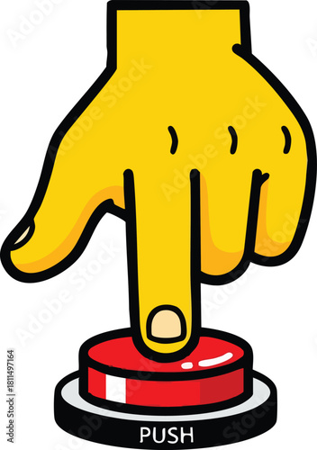 Yellow Hand Pushing Red Button Labeled Push With Black Background Pixel Art Style