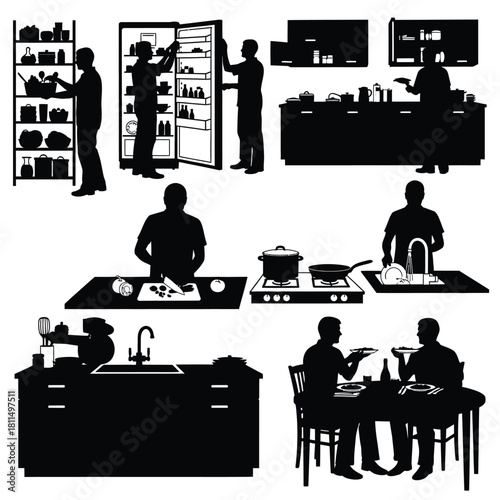 Kitchen activity silhouettes set, people cooking, preparing food, washing dishes, and dining at home. home life. Vector, illustration