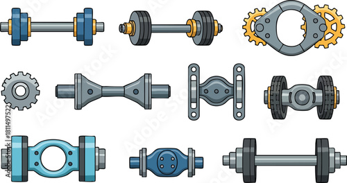 Pixel Art Mechanical Components And Gears In Blue Gray And Yellow Tones