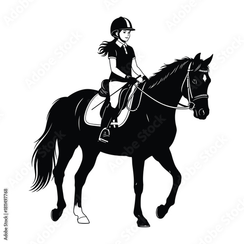 Equestrian girl riding a horse illustration, dynamic side view, classic style for competitive horse riding sports events. Vector, illustration