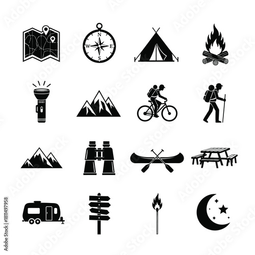 Essential outdoor adventure and camping journey glyph icons featuring exploration, nature, travel elements Vector, illustration