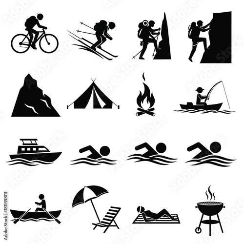 Outdoor adventure and recreation icon set featuring various leisure activities in nature and summer sports Vector, illustration