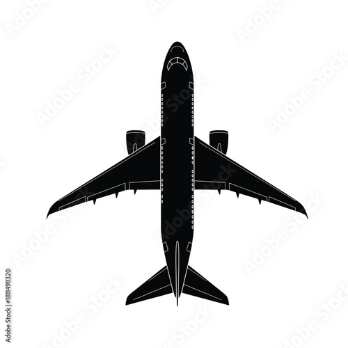 Black passenger airplane silhouette top view isolated on white. commercial jet aviation travel icon concept. Vector, illustration