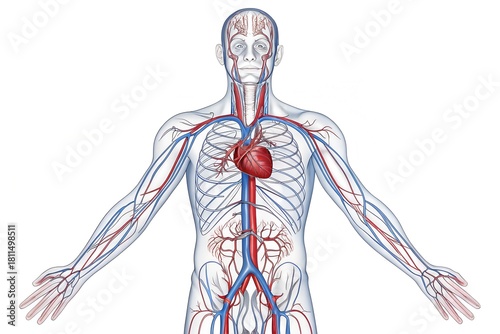 Detailed anatomical illustration of the human circulatory system showing the heart arteries veins and blood vessels throughout the entire body on a white background