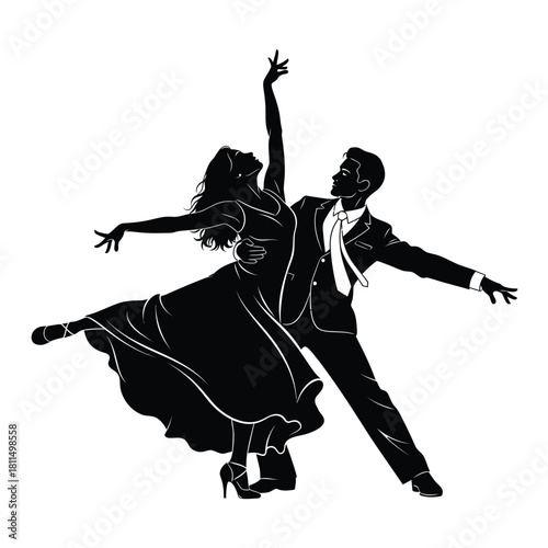 Elegant silhouette of a couple performing a graceful ballroom dance on a pristine white background with flair. Vector, illustration