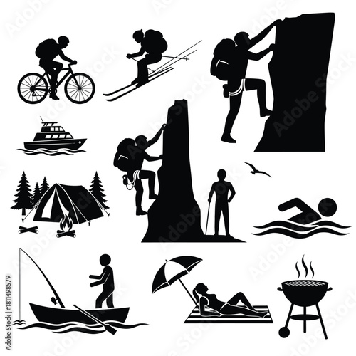 Outdoor adventure and leisure activities set including cycling, skiing, climbing, camping, fishing, and relaxation Vector, illustration