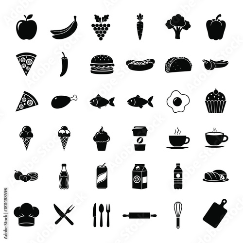 Food and drink icons set with kitchen tools, fruits, vegetables, fast food, desserts, and beverages on white Vector, illustration
