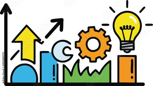 Illustration of business growth chart with upward trending arrows and a bright lightbulb symbolizing ideas and innovation