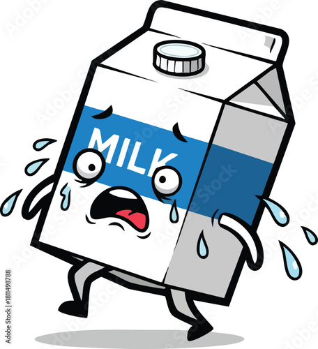 Cartoon Milk Carton Character Expressing Distress With Sweat Droplets And Wide Eyes In White Background