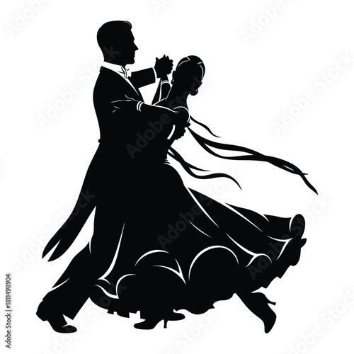 Elegant silhouette of a ballroom dancing couple, man and woman performing a graceful classic dance routine. Vector, illustration