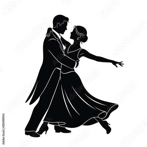 Elegant ballroom dance silhouette with a man and woman performing a graceful, romantic tango or waltz. Vector, illustration