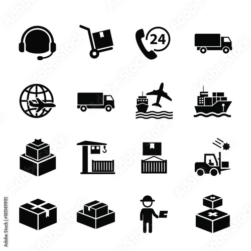 Logistics and delivery service flat icons set. global shipping, warehousing, and customer support symbols. Vector, illustration