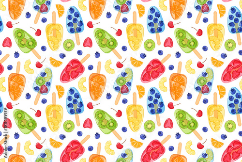 Seamless pattern with frozen fruit popsicle with slices of kiwi, strawberry, orange, blueberry, pineapple and cherry in cartoon style.