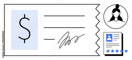 Signed check with dollar symbol, profile avatar, and resume document with ratings. Ideal for payroll, recruitment, HR systems, employee payments, workforce evaluation, financial transactions talent