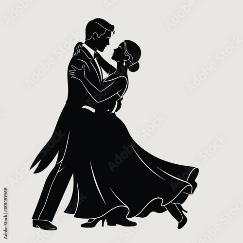 Elegant black silhouette of a dancing couple embracing with grace and style, ideal for romance and partnership concepts. Vector, illustration