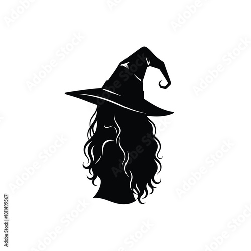Silhouette of a witch's head with long, flowing curly hair and a classic pointed hat for magic or halloween celebration Vector, illustration